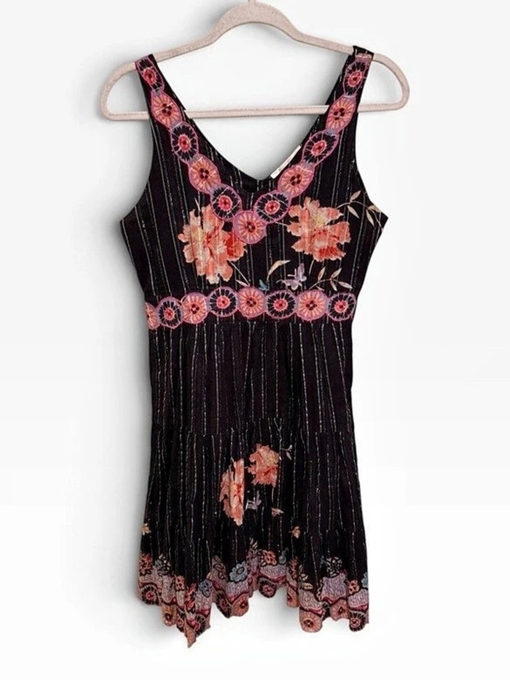Lapogee Worldover Boho Embroidered Black Floral Tiered Sundress Metallic Cotton